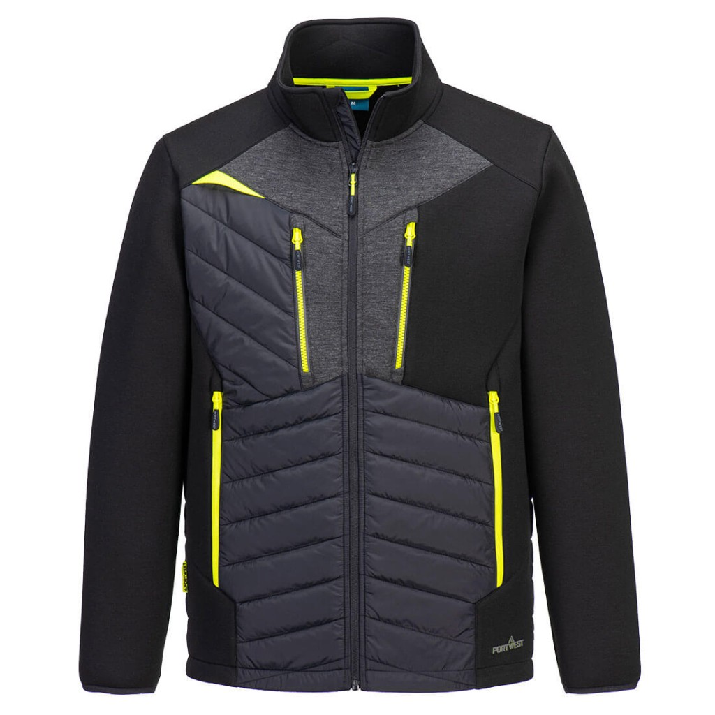 A black jacket designed for use on construction sites and in industrial work environments.,