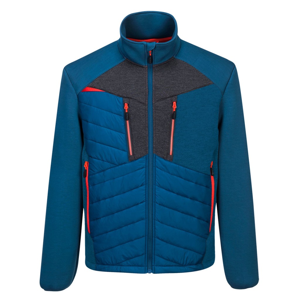 A blue jacket designed for use on construction sites and in industrial work environments.,