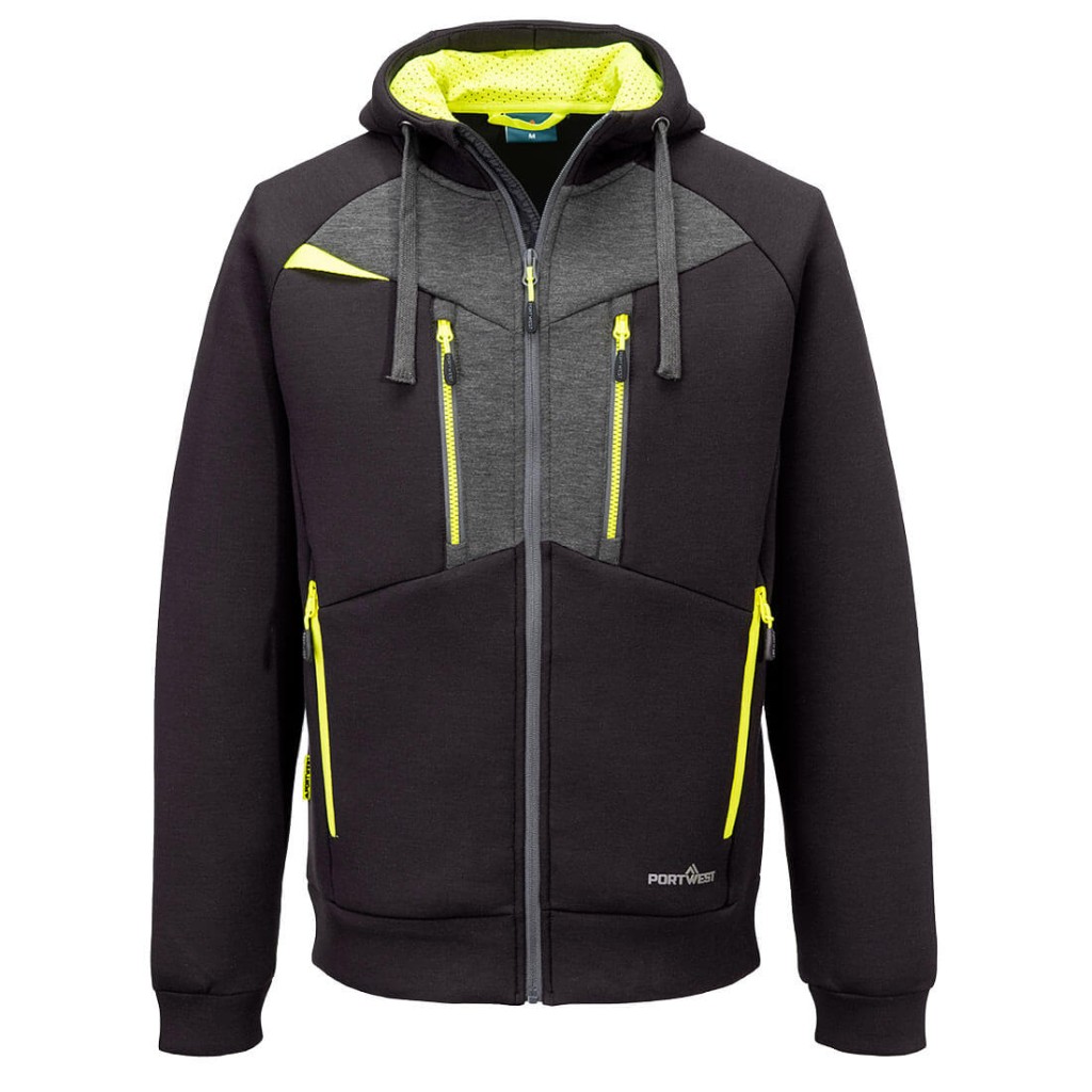 A black sweatshirt featuring a full-length zip front, suitable for a wide range of outdoor and site work applications.