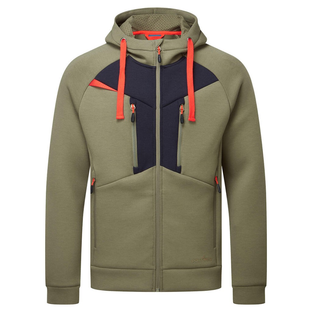 A green sweatshirt featuring a full-length zip front, suitable for a wide range of outdoor and site work applications.