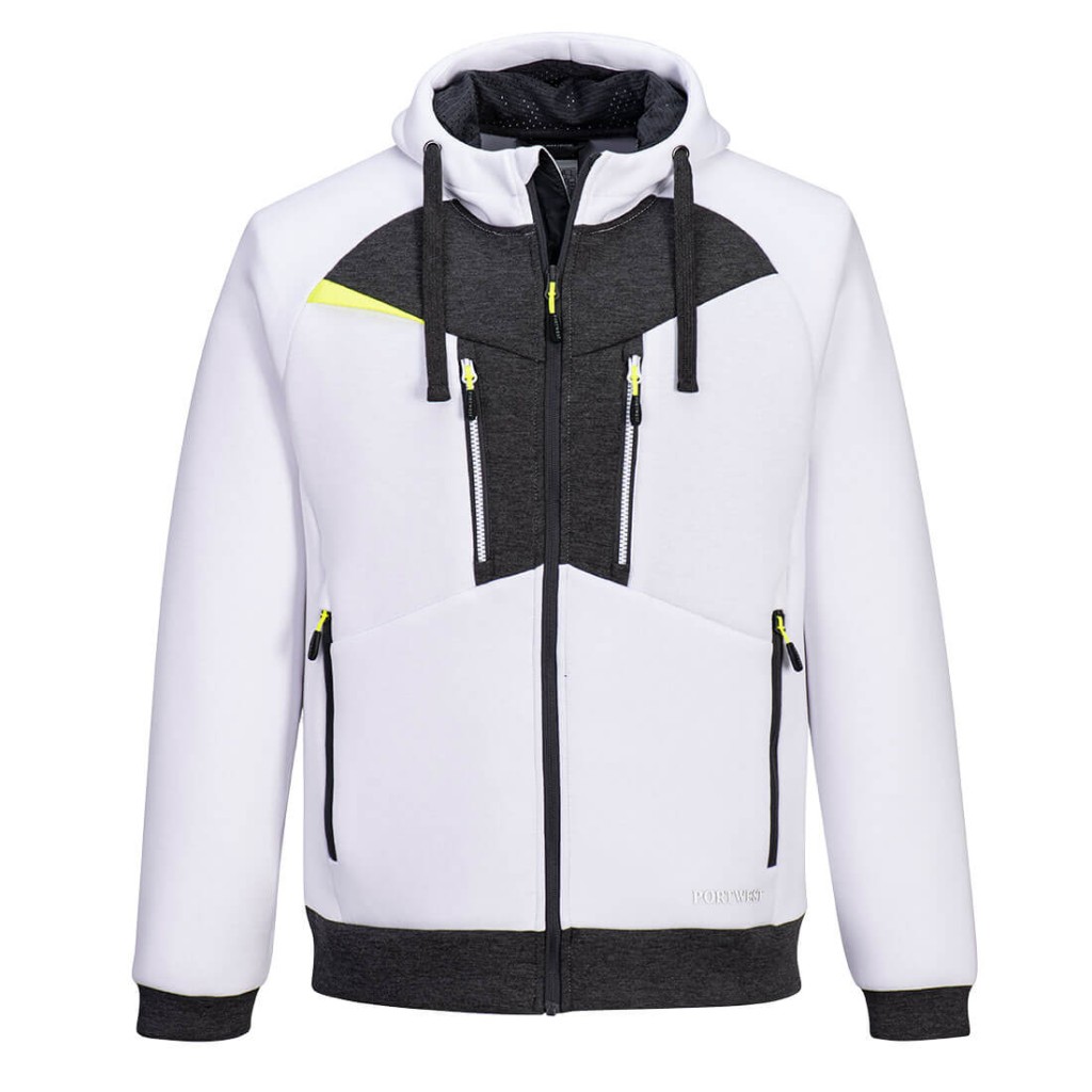 A white sweatshirt featuring a full-length zip front, suitable for a wide range of outdoor and site work applications.