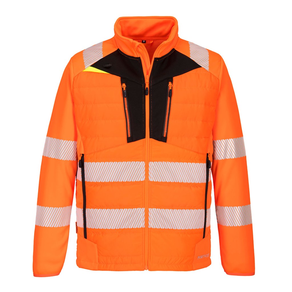 A high-visibility orange jacket featuring retroreflective tape panels, suitable for a wide range of outdoor and site work applications.