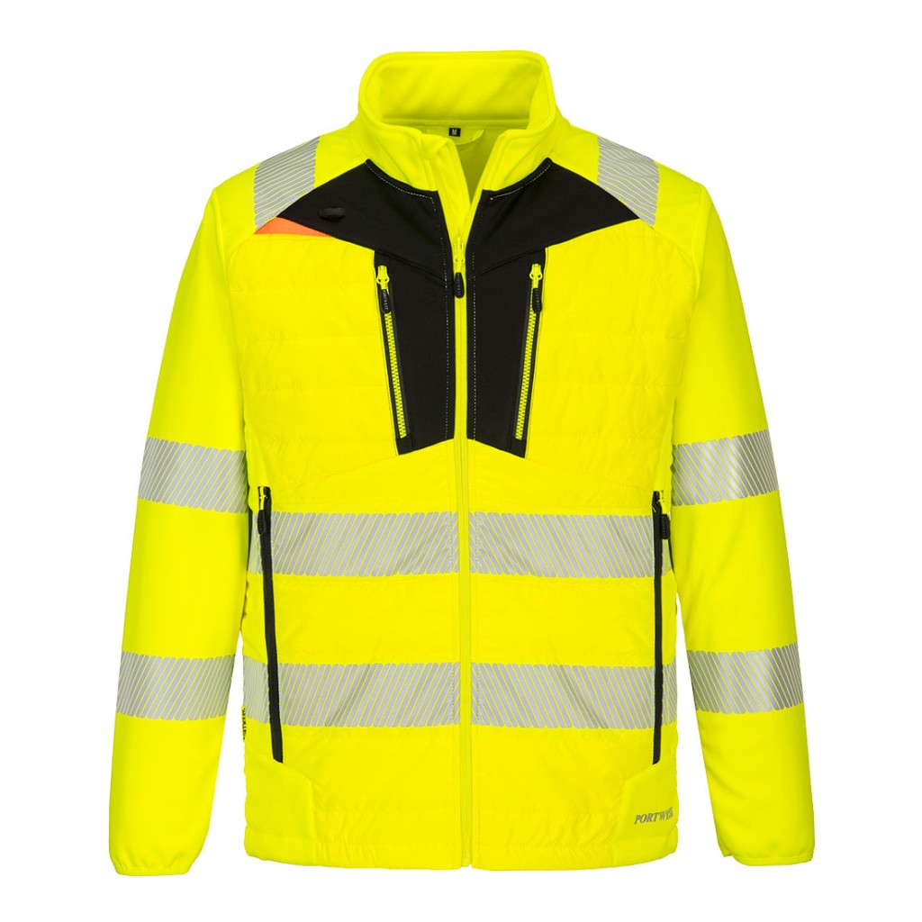 A high-visibility yellow jacket featuring retroreflective tape panels, suitable for a wide range of outdoor and site work applications.