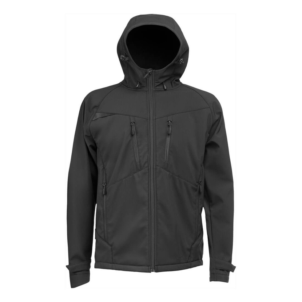 A black softshell jacket designed for use on construction sites and in industrial work environments.,