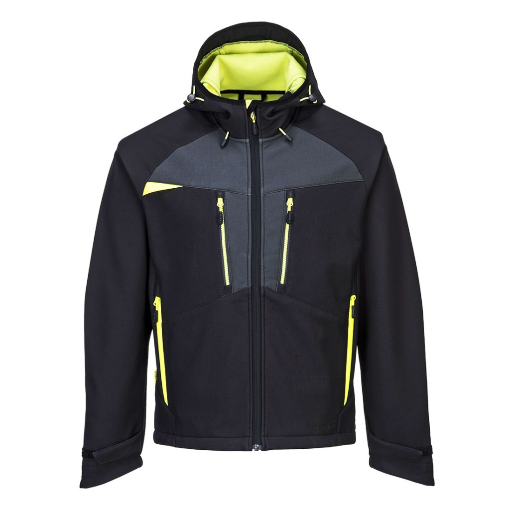 A black softshell jacket designed for use on construction sites and in industrial work environments.,