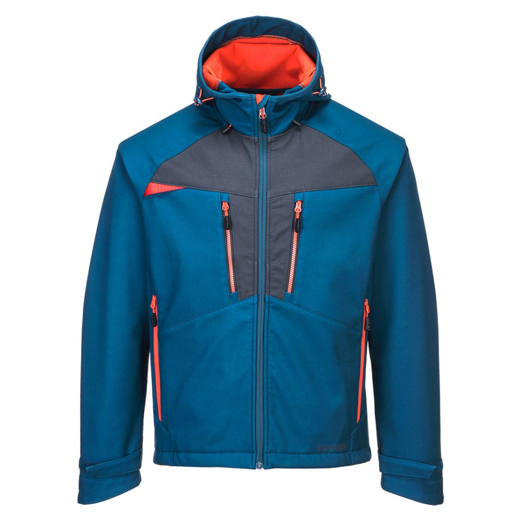 A blue softshell jacket designed for use on construction sites and in industrial work environments.,