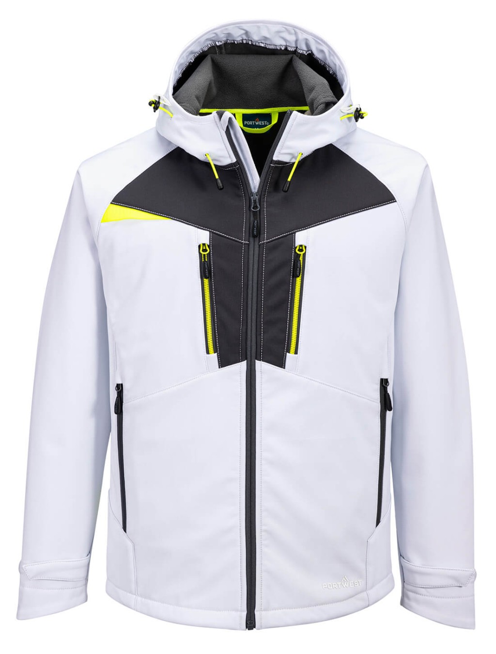 A white softshell jacket designed for use on construction sites and in industrial work environments.,