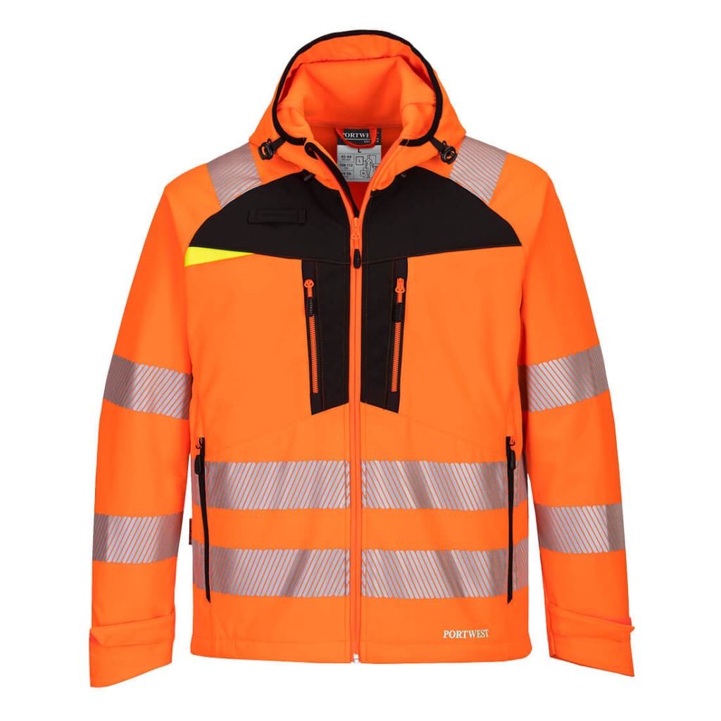 A high-visibility orange softshell jacket featuring retroreflective tape panels, suitable for a wide range of outdoor and site work applications.