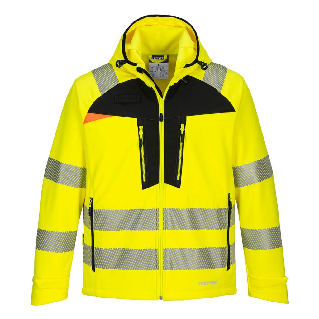 A high-visibility yellow softshell jacket featuring retroreflective tape panels, suitable for a wide range of outdoor and site work applications.