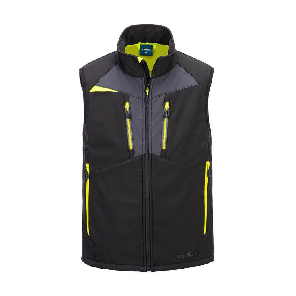 A black workwear garment designed for use on construction sites and in industrial work environments.,