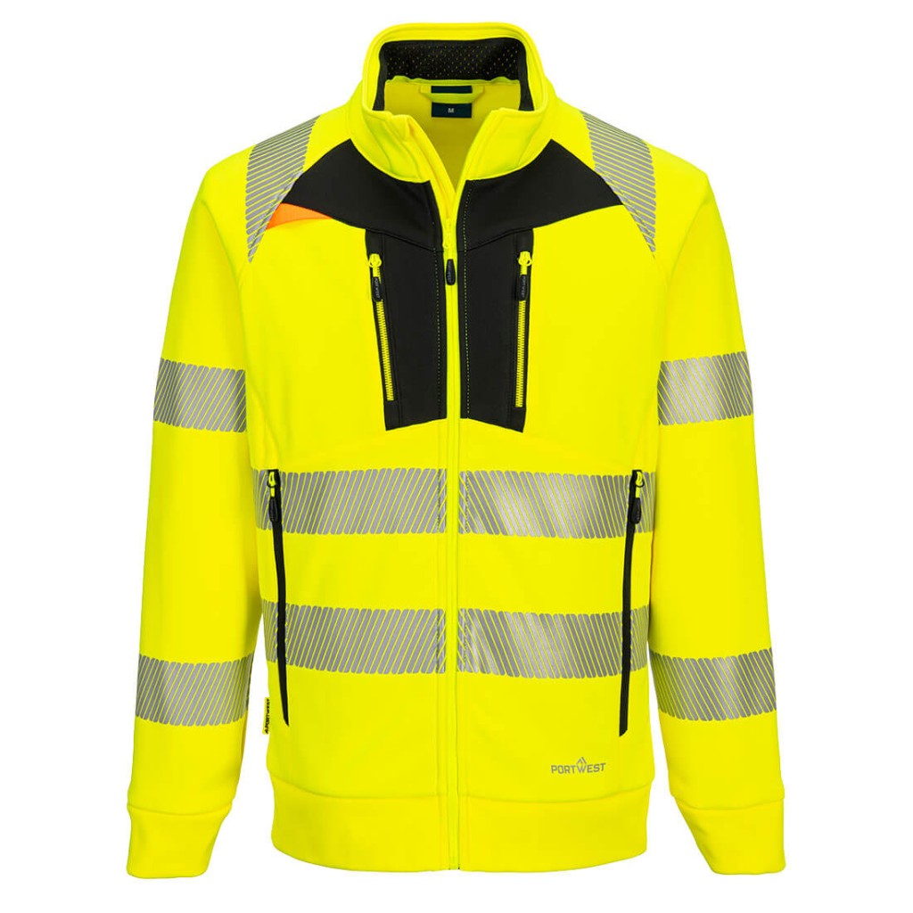 A high-visibility yellow work shirt featuring retroreflective tape panels, a full-length zip front, suitable for a wide range of outdoor and site work applications.