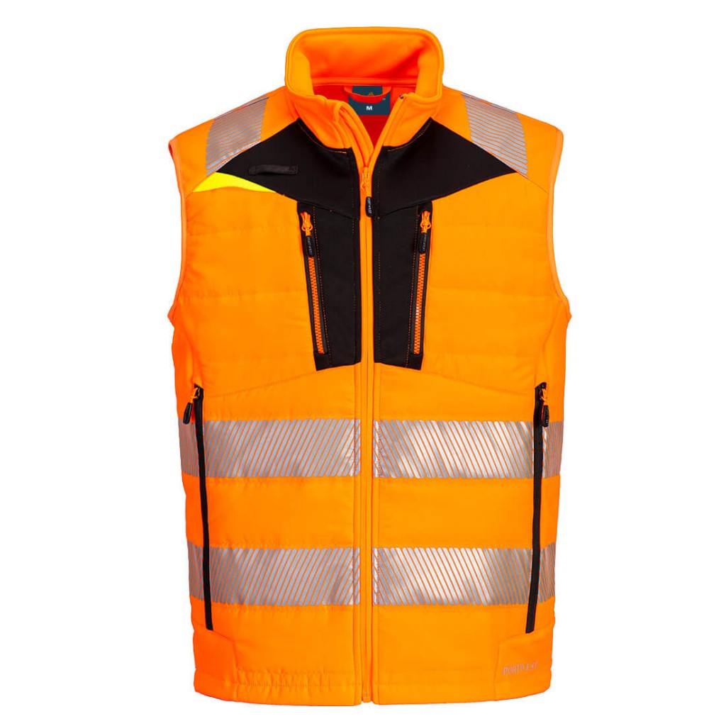 A high-visibility orange workwear garment featuring retroreflective tape panels, suitable for a wide range of outdoor and site work applications.