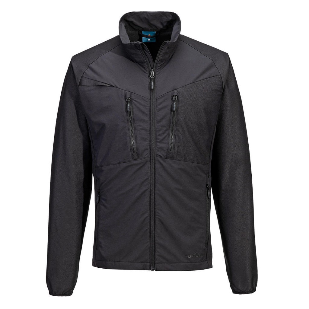 A black jacket featuring stretch panels for ease of movement, suitable for a wide range of outdoor and site work applications.