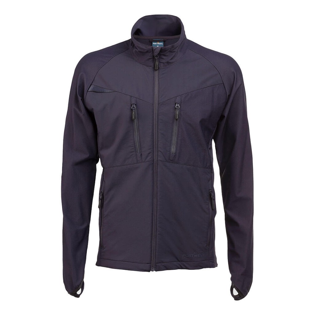 A navy blue jacket featuring stretch panels for ease of movement, suitable for a wide range of outdoor and site work applications.