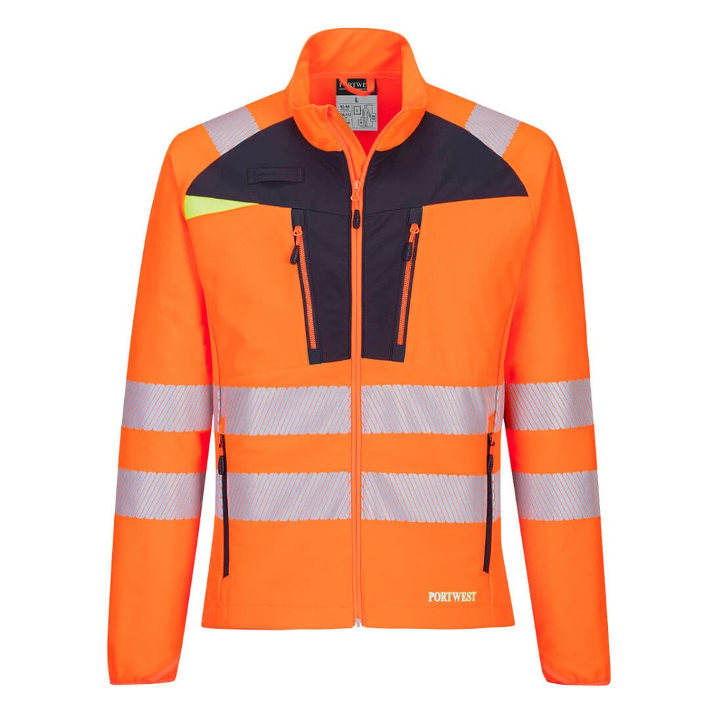 A high-visibility orange jacket featuring retroreflective tape panels, stretch panels for ease of movement, suitable for a wide range of outdoor and site work applications.