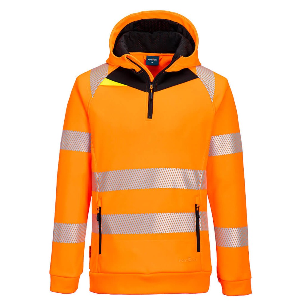 A high-visibility orange sweatshirt featuring retroreflective tape panels, a full-length zip front, suitable for a wide range of outdoor and site work applications.
