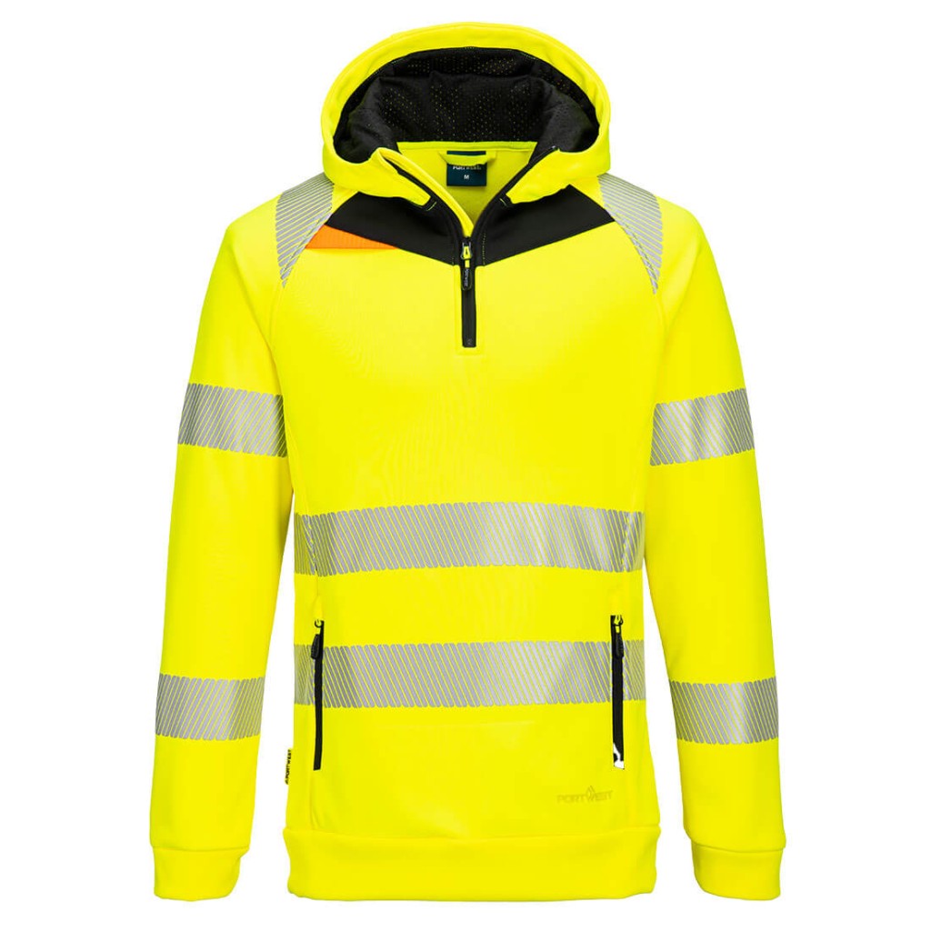 A high-visibility yellow sweatshirt featuring retroreflective tape panels, a full-length zip front, suitable for a wide range of outdoor and site work applications.