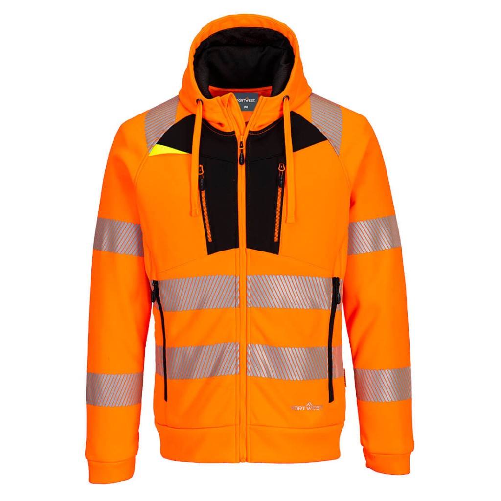 A high-visibility orange sweatshirt featuring retroreflective tape panels, a full-length zip front, suitable for a wide range of outdoor and site work applications.