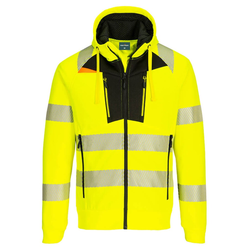 A high-visibility yellow sweatshirt featuring retroreflective tape panels, a full-length zip front, suitable for a wide range of outdoor and site work applications.