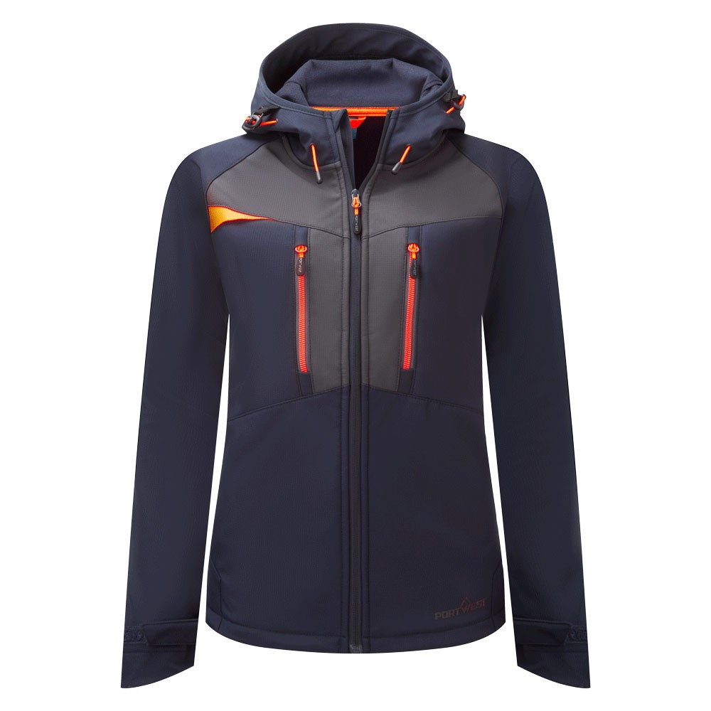 A women's navy blue softshell jacket designed for use on construction sites and in industrial work environments.,