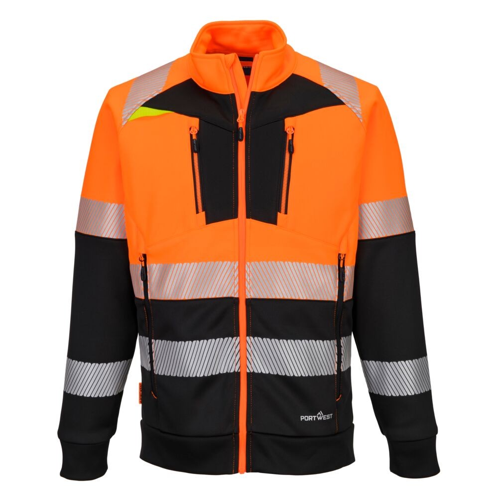 A high-visibility orange work shirt featuring retroreflective tape panels, a full-length zip front, suitable for a wide range of outdoor and site work applications.
