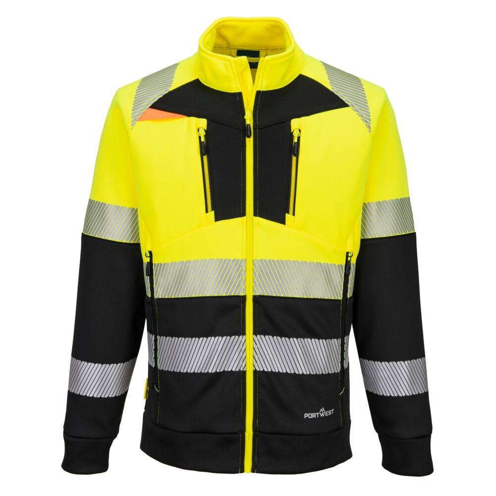 A high-visibility yellow work shirt featuring retroreflective tape panels, a full-length zip front, suitable for a wide range of outdoor and site work applications.