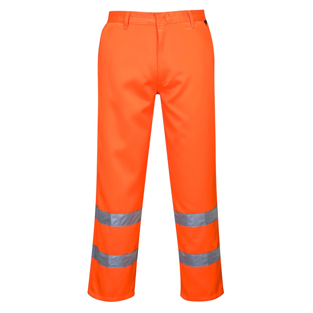 A pair of high-visibility orange trousers featuring retroreflective tape panels, suitable for a wide range of outdoor and site work applications.
