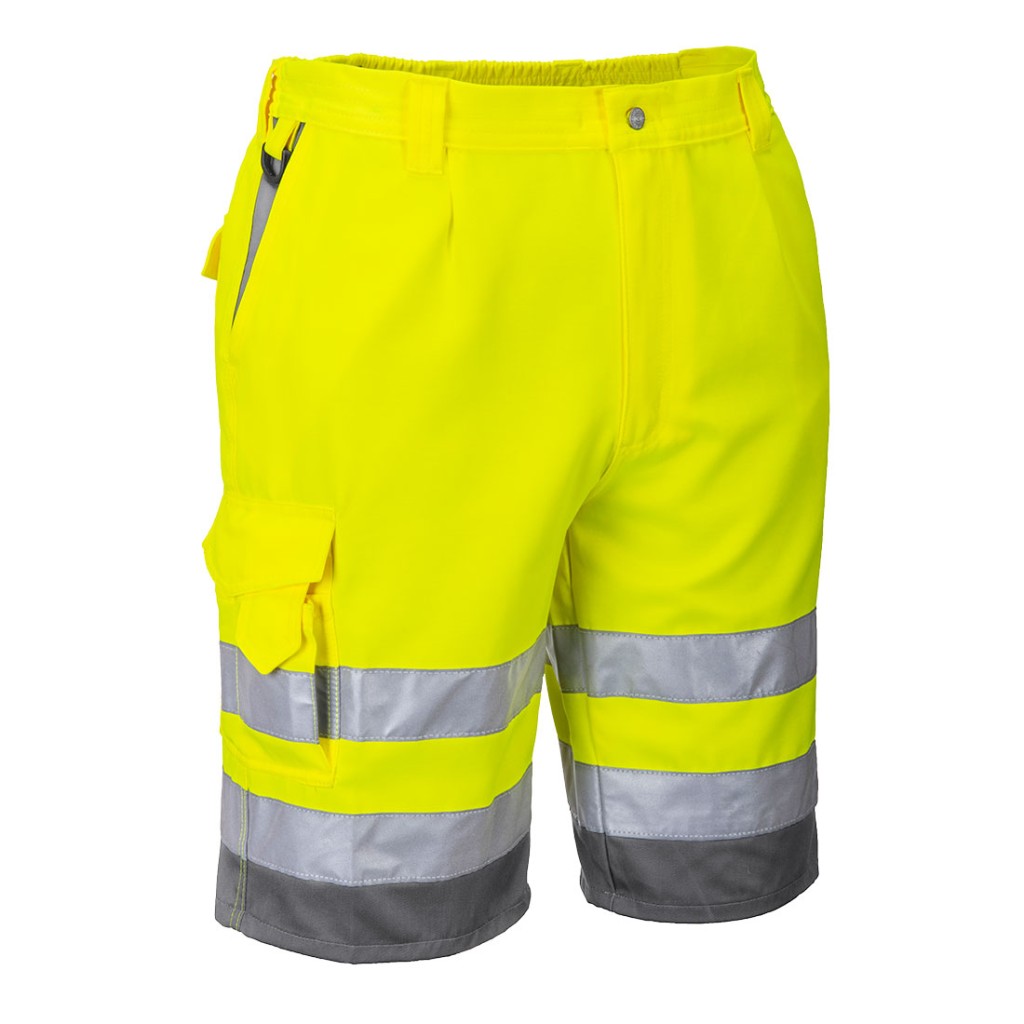 A high-visibility yellow workwear garment featuring retroreflective tape panels, suitable for a wide range of outdoor and site work applications.