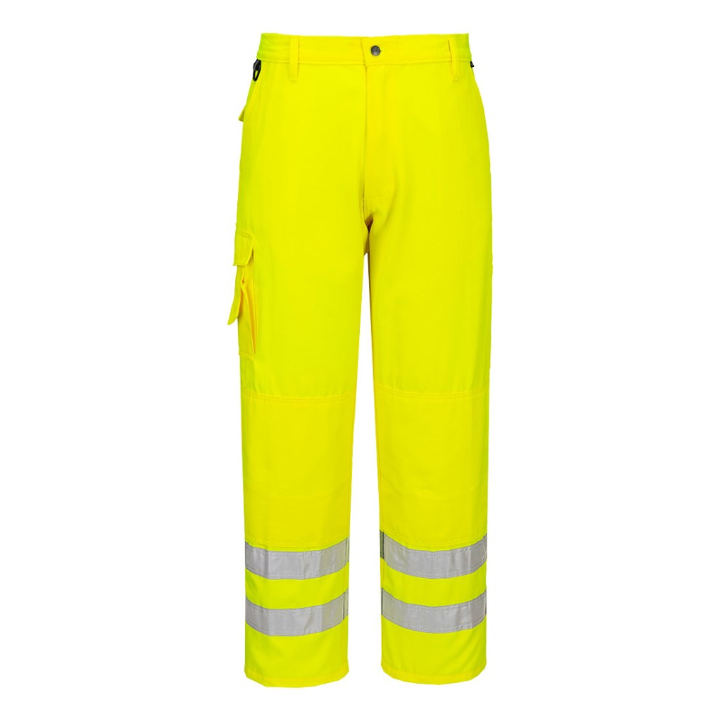 A pair of high-visibility yellow trousers featuring retroreflective tape panels, suitable for a wide range of outdoor and site work applications.