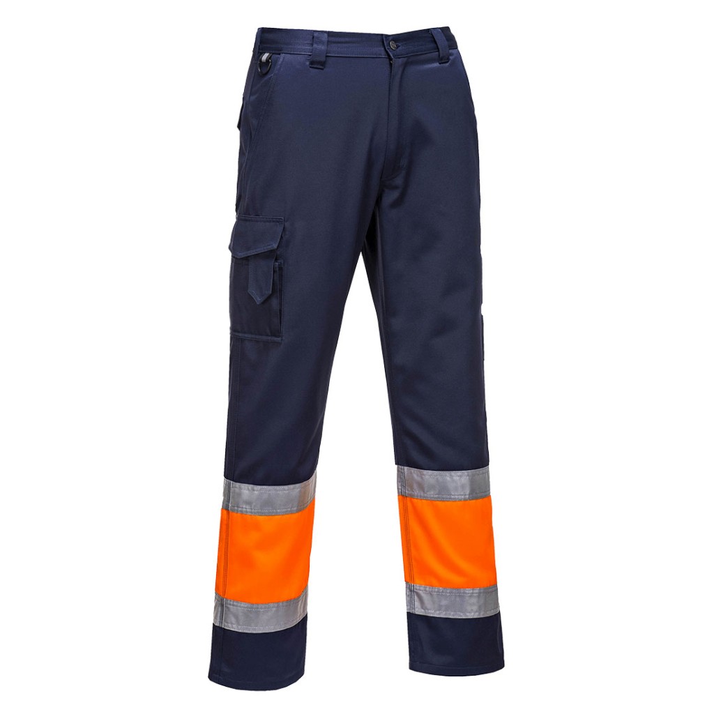 A pair of high-visibility orange trousers featuring retroreflective tape panels, suitable for a wide range of outdoor and site work applications.