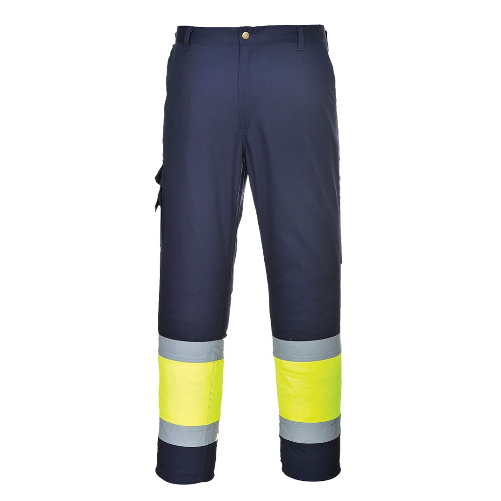 A pair of high-visibility yellow trousers featuring retroreflective tape panels, suitable for a wide range of outdoor and site work applications.