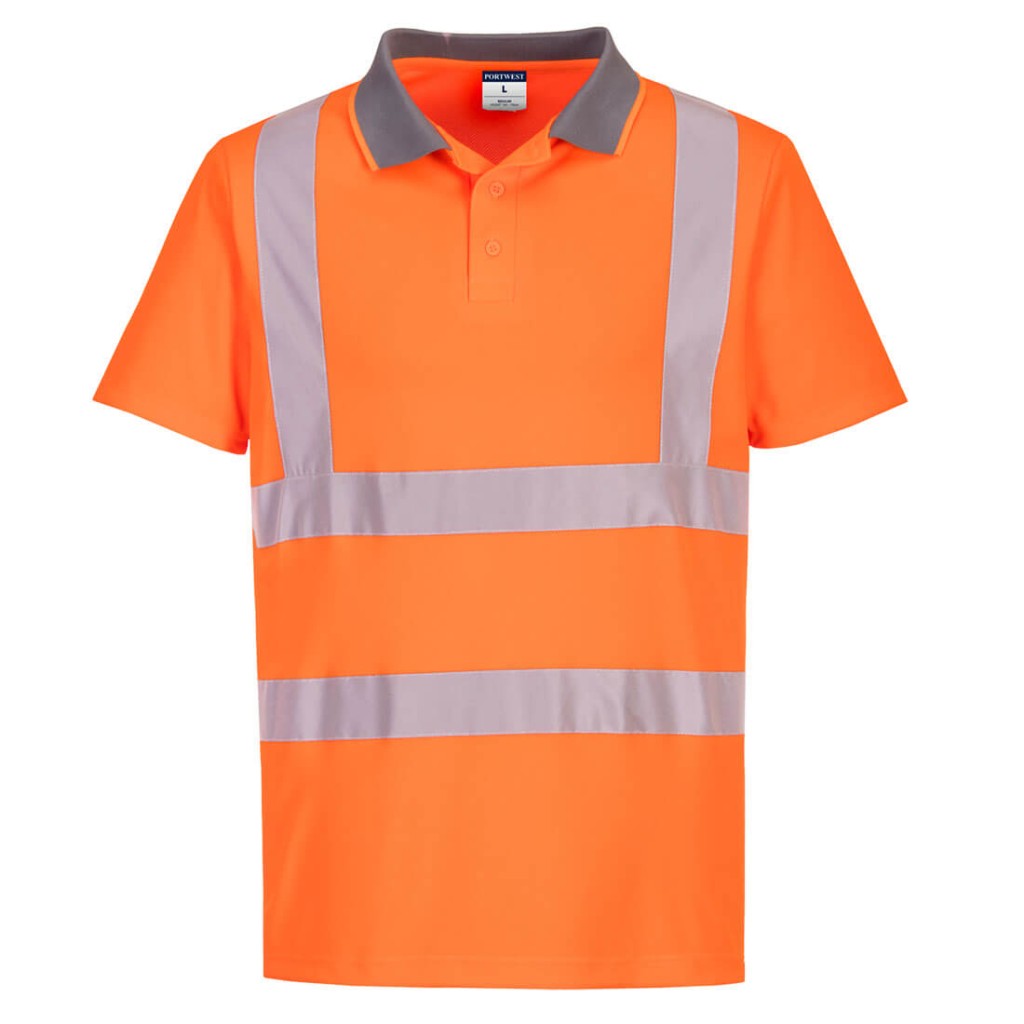 A high-visibility orange polo shirt featuring retroreflective tape panels, suitable for a wide range of outdoor and site work applications.