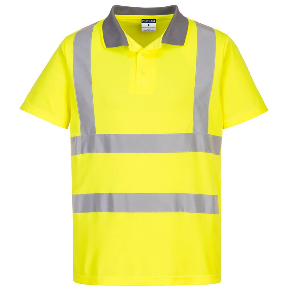 A high-visibility yellow polo shirt featuring retroreflective tape panels, suitable for a wide range of outdoor and site work applications.