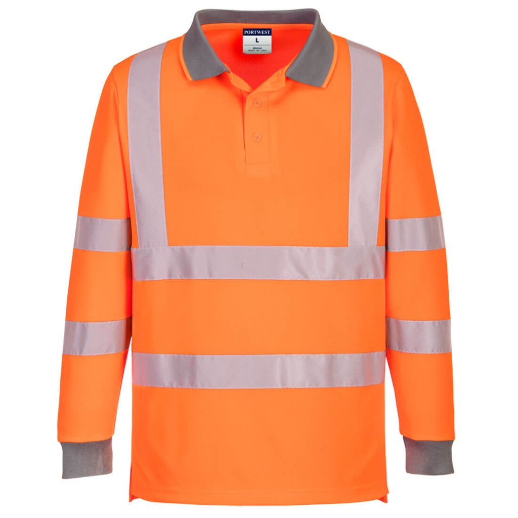 A high-visibility orange polo shirt featuring retroreflective tape panels, suitable for a wide range of outdoor and site work applications.