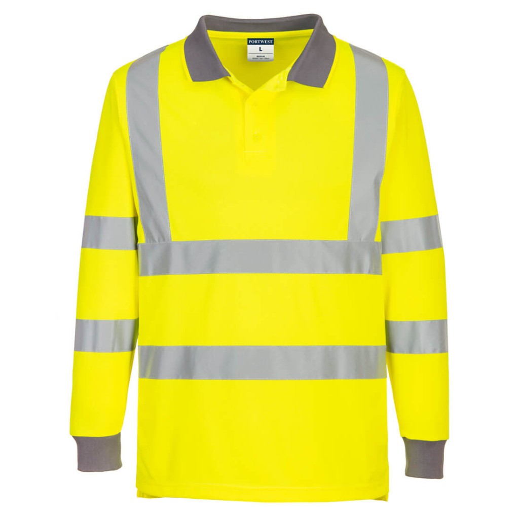 A high-visibility yellow polo shirt featuring retroreflective tape panels, suitable for a wide range of outdoor and site work applications.