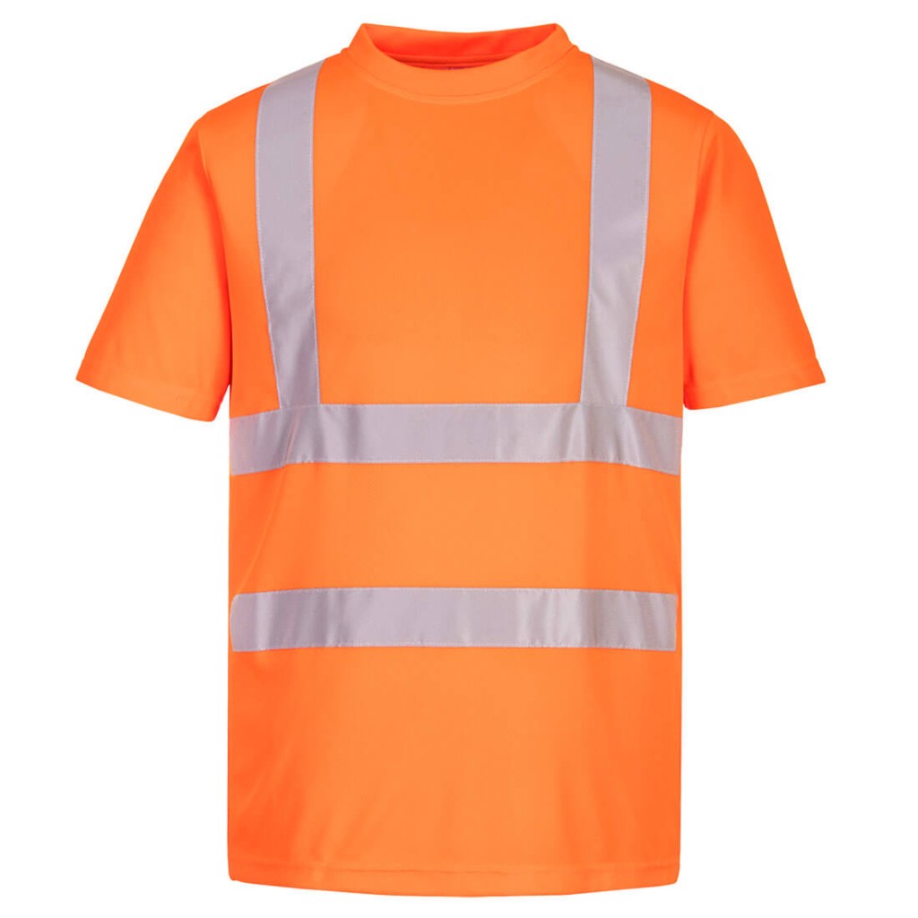 A high-visibility orange work shirt featuring retroreflective tape panels, suitable for a wide range of outdoor and site work applications.