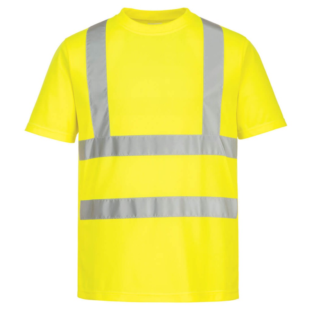 A high-visibility yellow work shirt featuring retroreflective tape panels, suitable for a wide range of outdoor and site work applications.