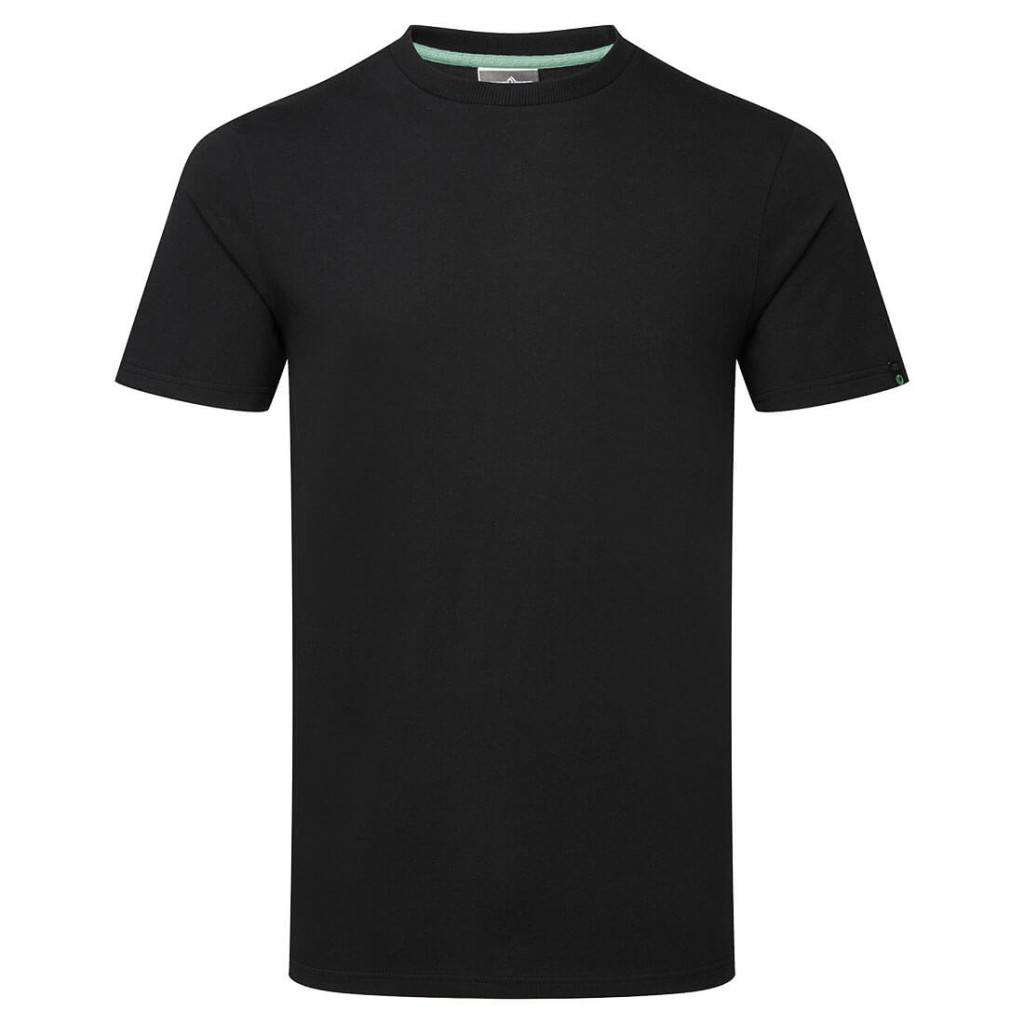 A black work shirt designed for use on construction sites and in industrial work environments.,