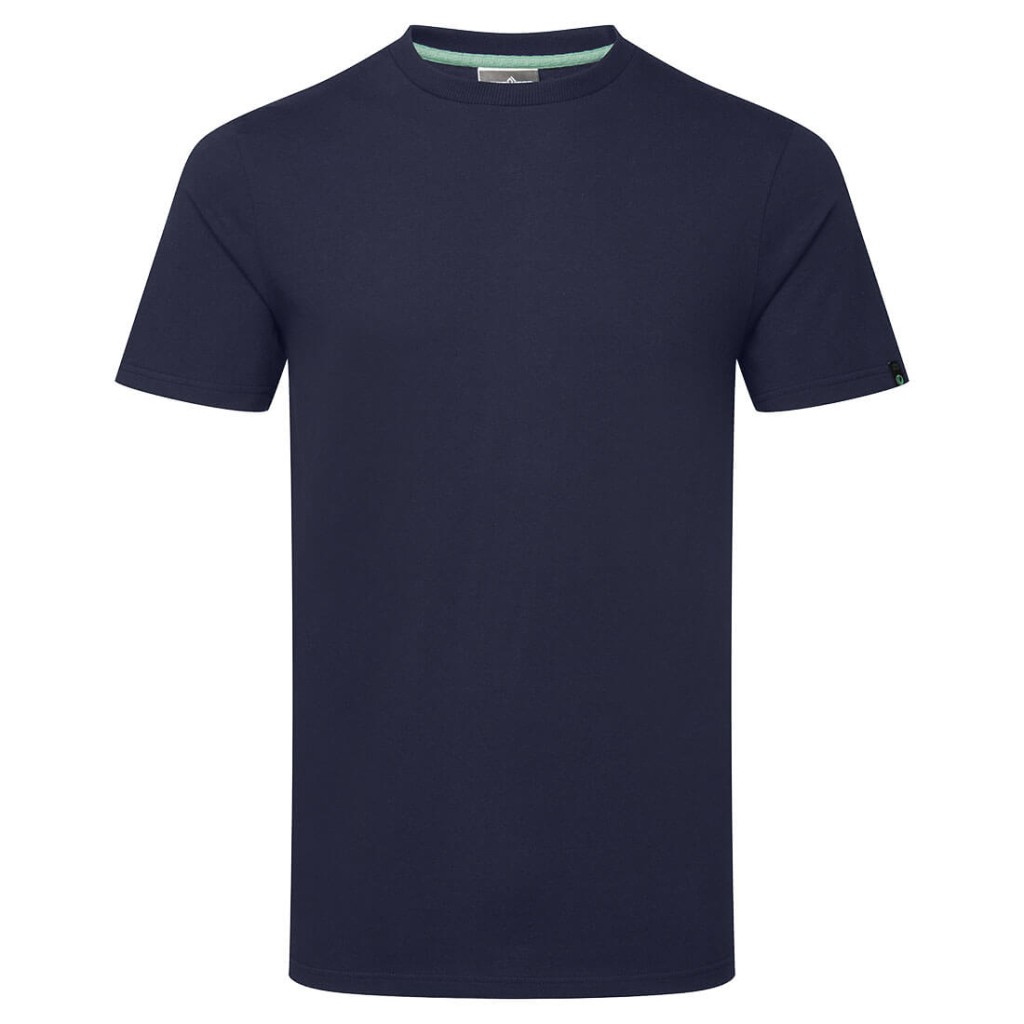 A navy blue work shirt designed for use on construction sites and in industrial work environments.,