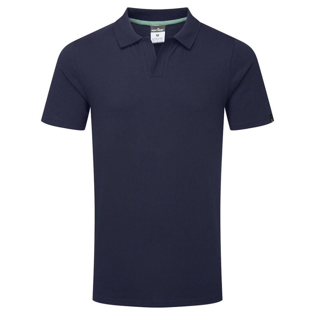 A navy blue polo shirt designed for use on construction sites and in industrial work environments.,
