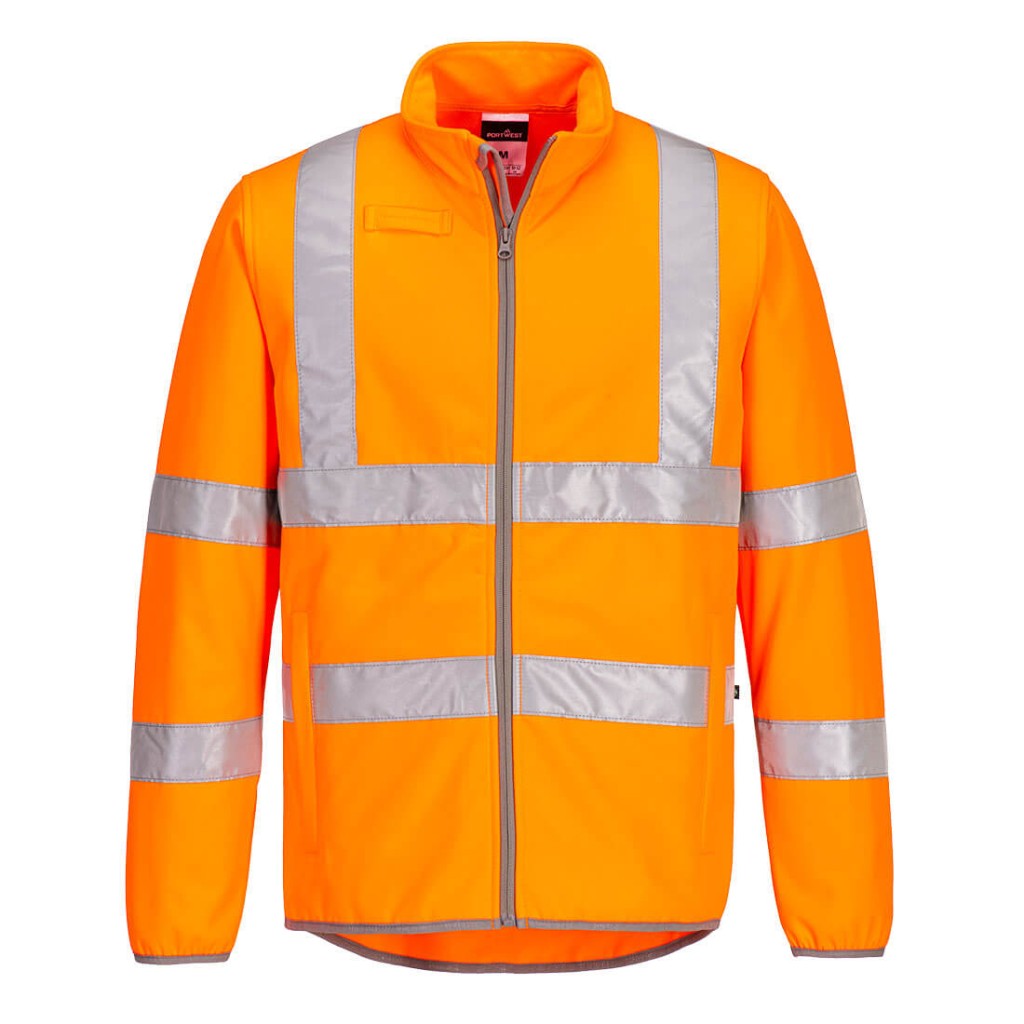A high-visibility orange softshell jacket featuring retroreflective tape panels, suitable for a wide range of outdoor and site work applications.
