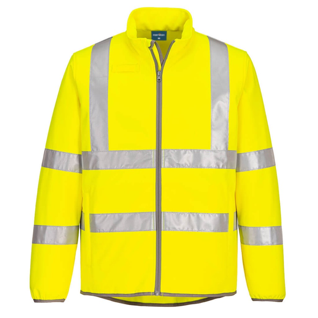 A high-visibility yellow softshell jacket featuring retroreflective tape panels, suitable for a wide range of outdoor and site work applications.