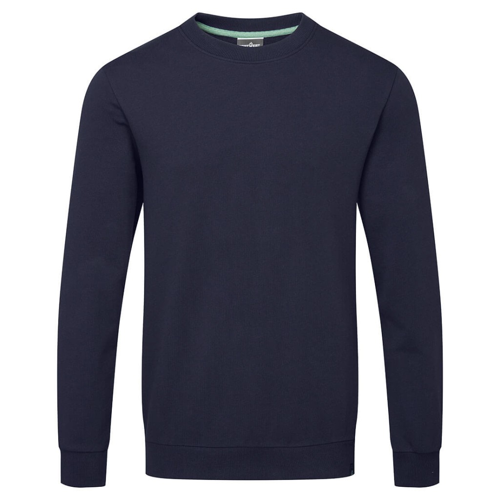 A navy blue work shirt designed for use on construction sites and in industrial work environments.,
