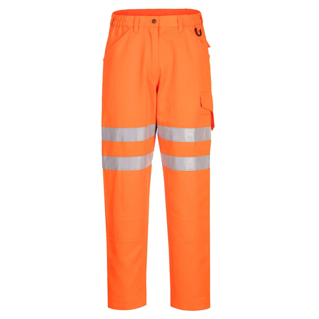 A pair of high-visibility orange trousers featuring retroreflective tape panels, suitable for a wide range of outdoor and site work applications.