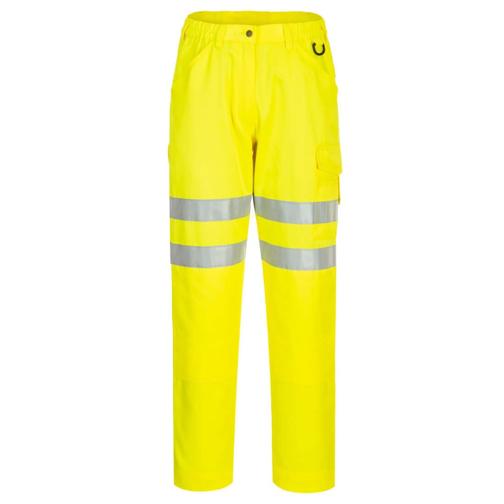 A pair of high-visibility yellow trousers featuring retroreflective tape panels, suitable for a wide range of outdoor and site work applications.