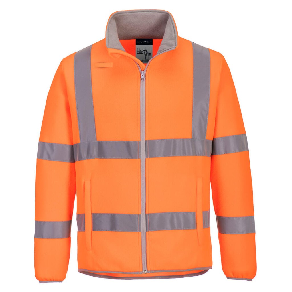 A high-visibility orange workwear garment featuring retroreflective tape panels, suitable for a wide range of outdoor and site work applications.