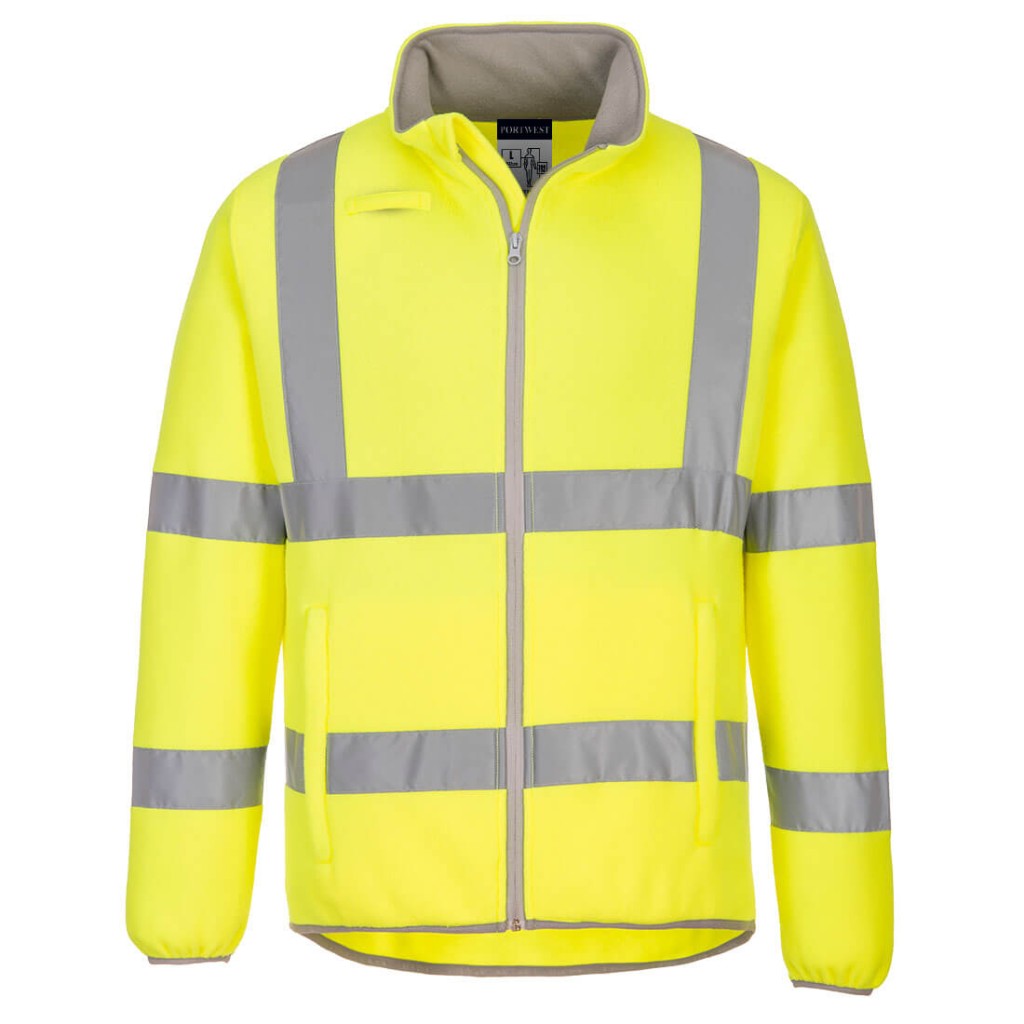 A high-visibility yellow workwear garment featuring retroreflective tape panels, suitable for a wide range of outdoor and site work applications.