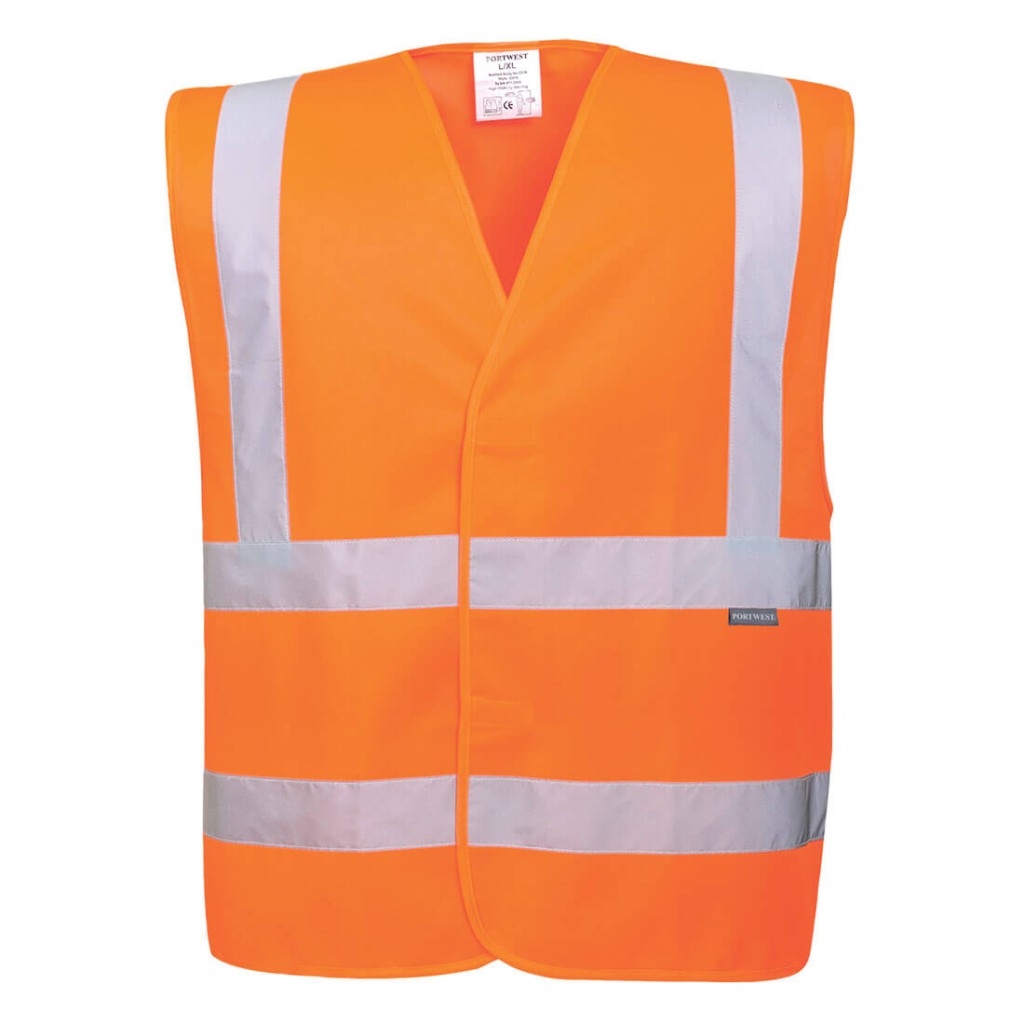 A high-visibility orange vest featuring retroreflective tape panels, suitable for a wide range of outdoor and site work applications.