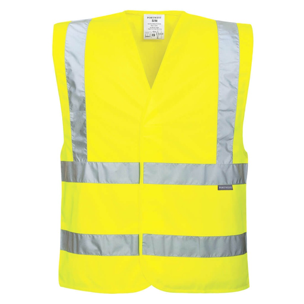 A high-visibility yellow vest featuring retroreflective tape panels, suitable for a wide range of outdoor and site work applications.