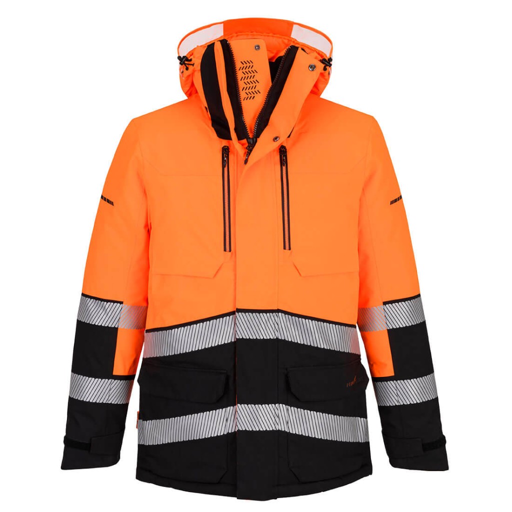 A high-visibility orange jacket featuring retroreflective tape panels, suitable for a wide range of outdoor and site work applications.